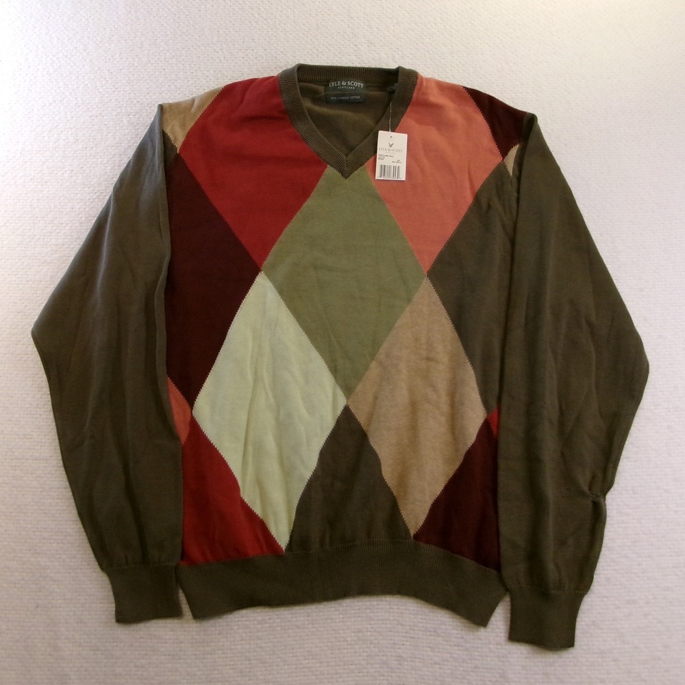 Lyle & Scott Mens M V-Neck Sweater Moss Green Argyle Combed Cotton Repaired NWT